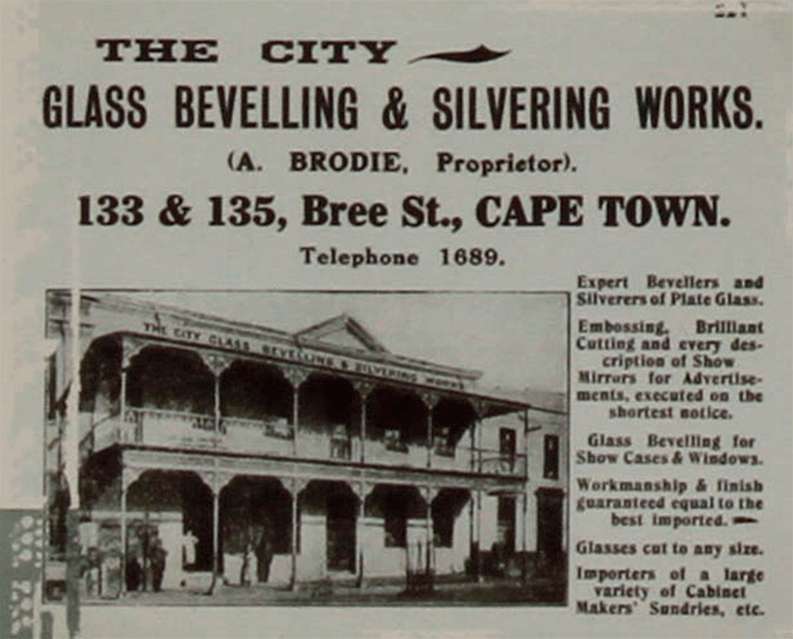 Archive newspaper clipping reading 'Glass Bevelling & Slivering works'
